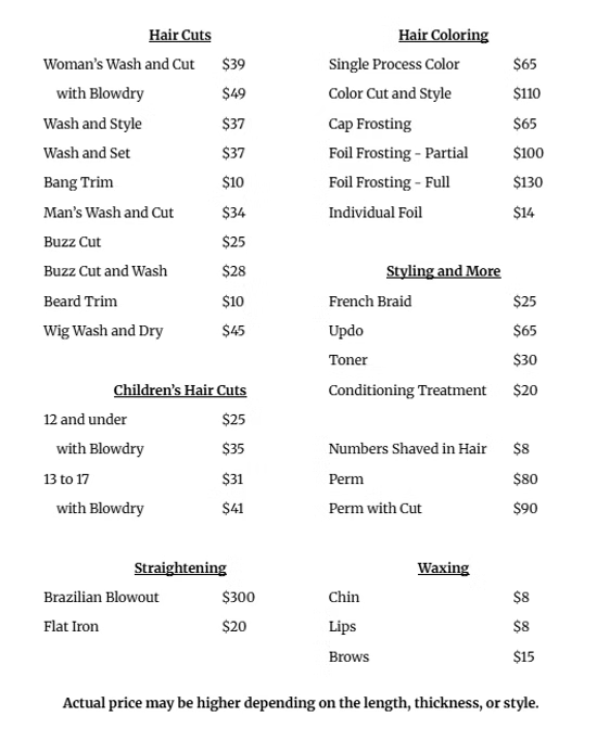 DJ's Hair Studio price list